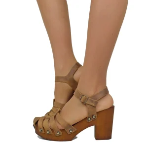 Sandali a Ragnetto in Pelle Ingrassata Vintage Camel Made in Italy